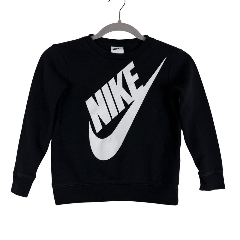 Nike Sweatshirt Kids 5-6 Black Fleece Pullover Big Logo Crewneck Athletic